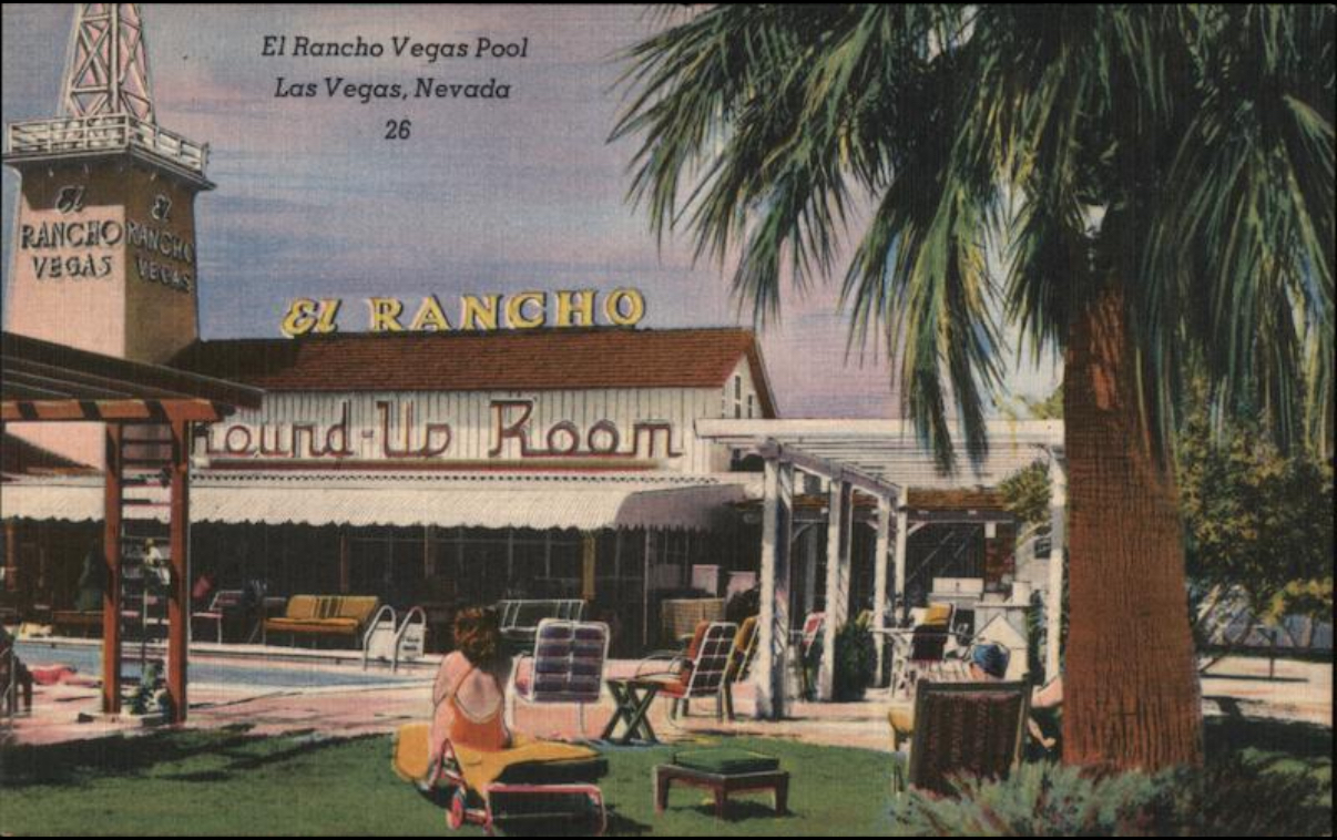 Historic 1950s photo of El Rancho Vegas bungalow from first Las Vegas Strip resort, showing original Wayne McAllister architecture