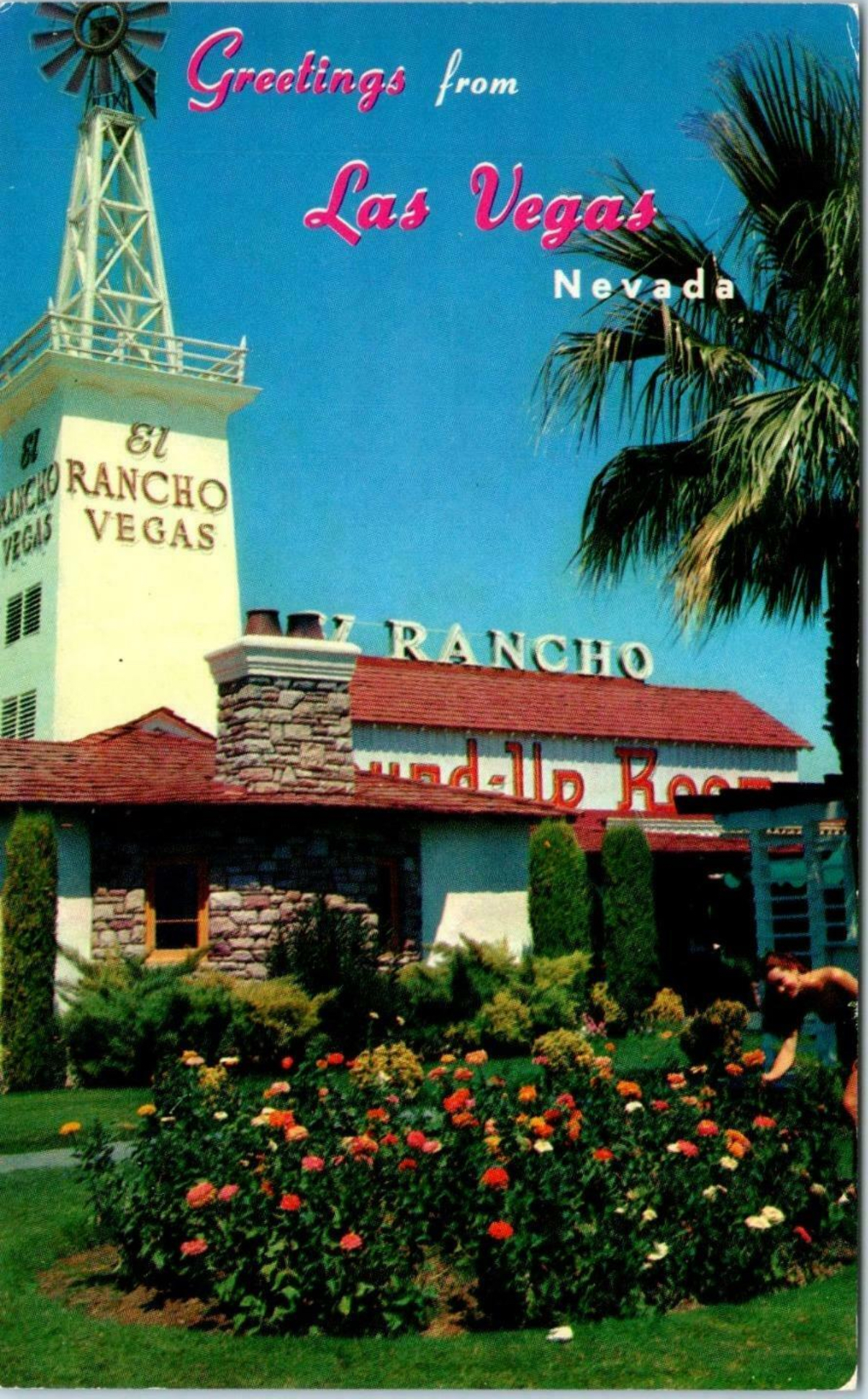 Historic 1950s photo of El Rancho Vegas bungalow from Strip era, showing period landscaping and architectural context of first Strip resort